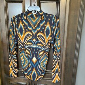 Farm Rio Pineapple Ikat-Inspired Blue Jersey Mock Turtleneck Long Sleeves Blouse